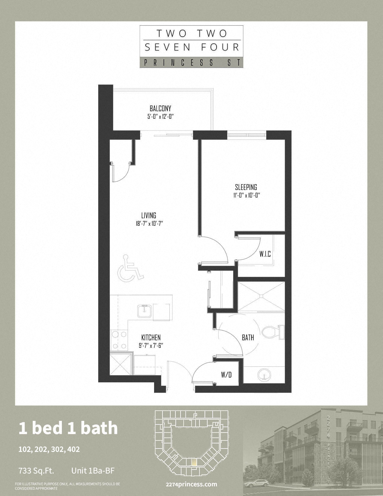 Floor plan for 1 bed, 1 bath, 733 sqft